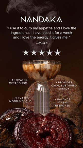 A vertical social media ad featuring a product review quote paired with a list of core product benefits and professional product photography.